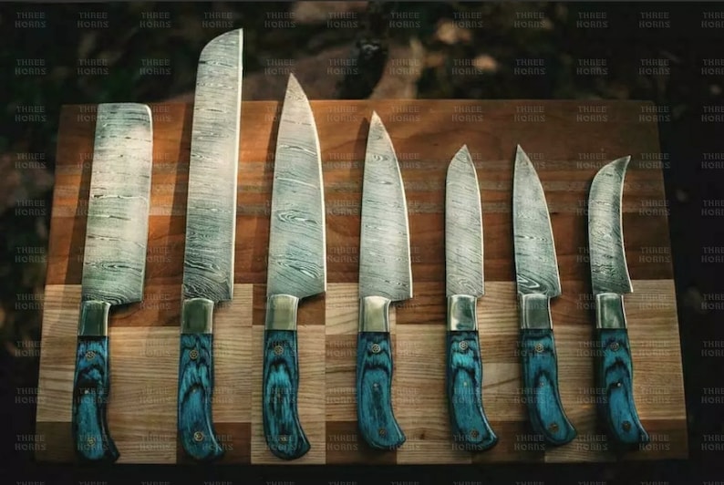 Hand Forged Damascus Steel 7 Pcs Chef Knife Set, Unique Handles