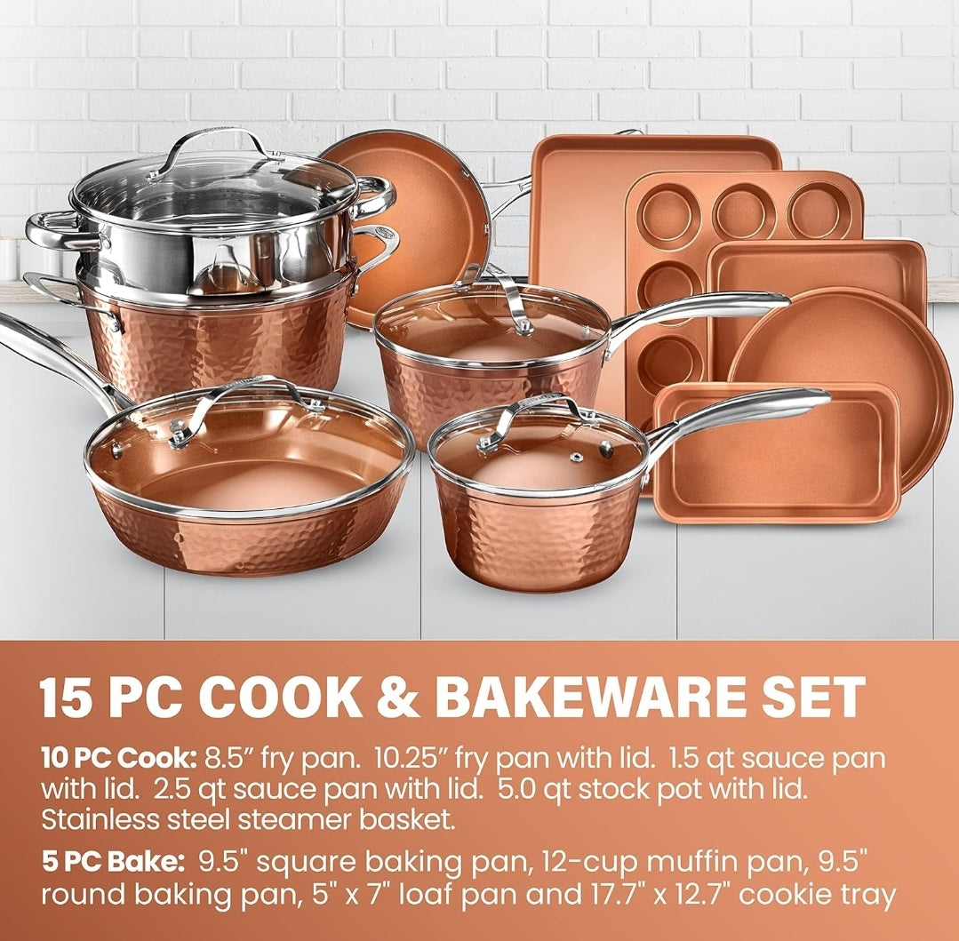 Gotham Steel Hammered Copper 15-Piece Cookware & Bakeware Set